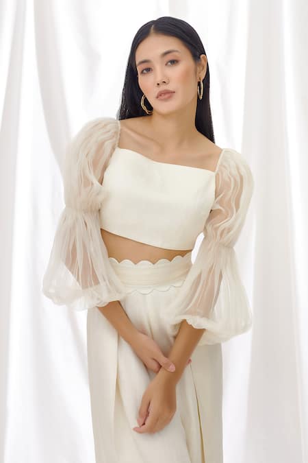Lavanya Ahuja_White Silk Organza, Linen Satin Square Neck Balloon Sleeve Top And Pant Set _Online_at_Aza_Fashions