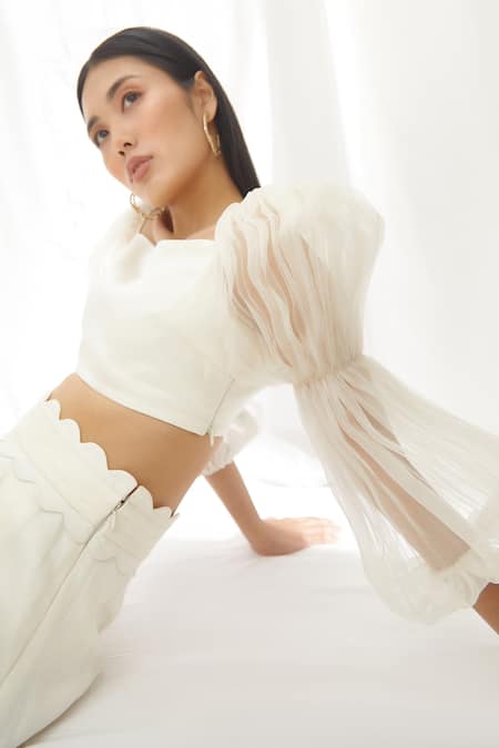 Buy_Lavanya Ahuja_White Silk Organza, Linen Satin Square Neck Balloon Sleeve Top And Pant Set _Online_at_Aza_Fashions