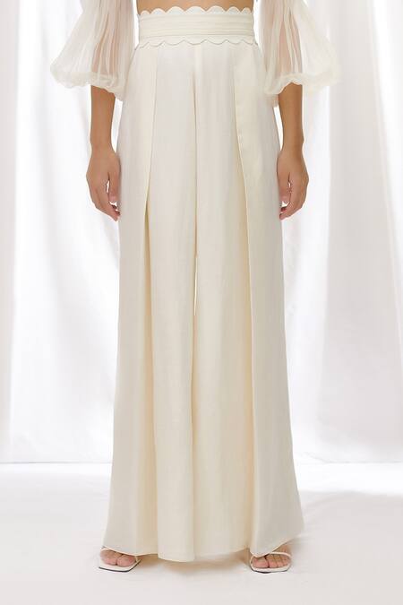 Shop_Lavanya Ahuja_White Silk Organza, Linen Satin Square Neck Balloon Sleeve Top And Pant Set _Online_at_Aza_Fashions