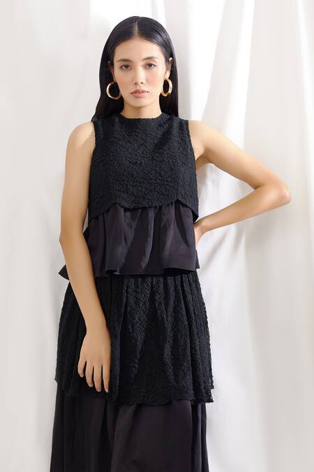 Buy_Lavanya Ahuja_Black Lace, Linen Satin Round Top And Skirt Set _Online_at_Aza_Fashions