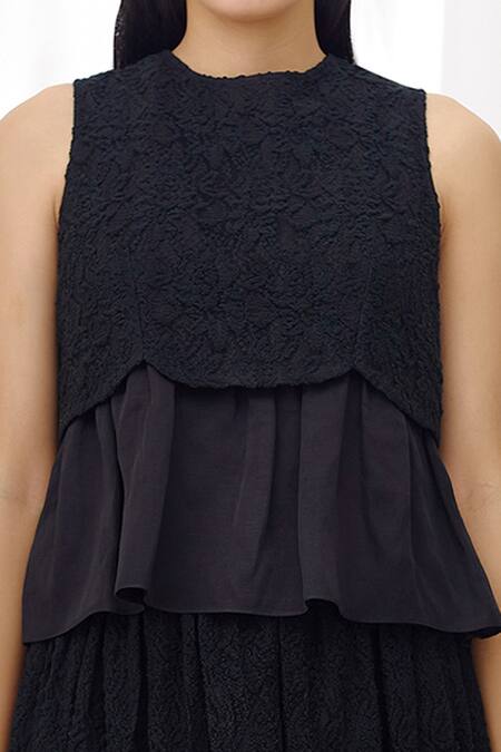 Shop_Lavanya Ahuja_Black Lace, Linen Satin Round Top And Skirt Set _Online_at_Aza_Fashions