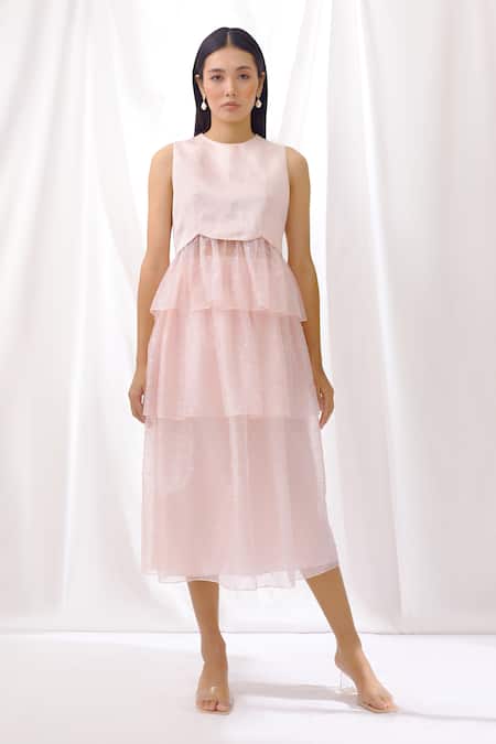 Shop Lavanya Ahuja Pink Dotted Organza, Linen Satin Round Skirt Set at Aza Fashions Shop_Lavanya Ahuja_Pink Dotted Organza, Linen Satin Round Skirt Set _at_Aza_Fashions