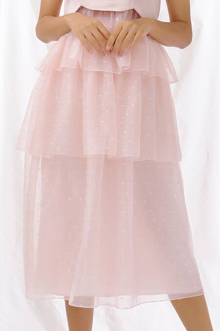 Shop Lavanya Ahuja Pink Dotted Organza, Linen Satin Round Skirt Set Online at Aza Fashions Shop_Lavanya Ahuja_Pink Dotted Organza, Linen Satin Round Skirt Set _Online_at_Aza_Fashions