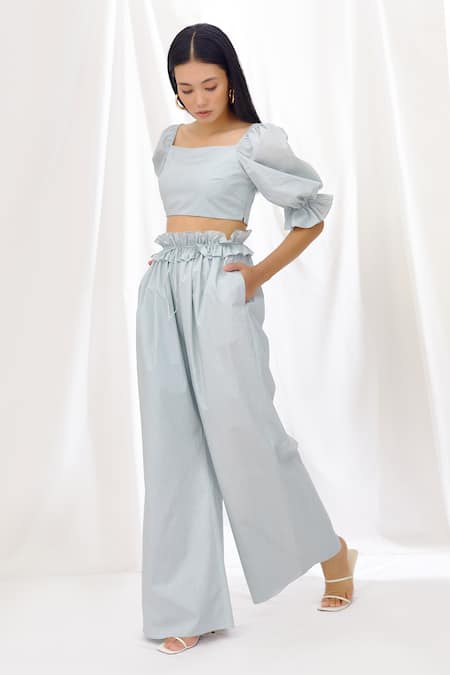 Lavanya Ahuja Blue Poplin Square Neck Puff Sleeve Top And Pant Set Online at Aza Fashions Lavanya Ahuja_Blue Poplin Square Neck Puff Sleeve Top And Pant Set _Online_at_Aza_Fashions