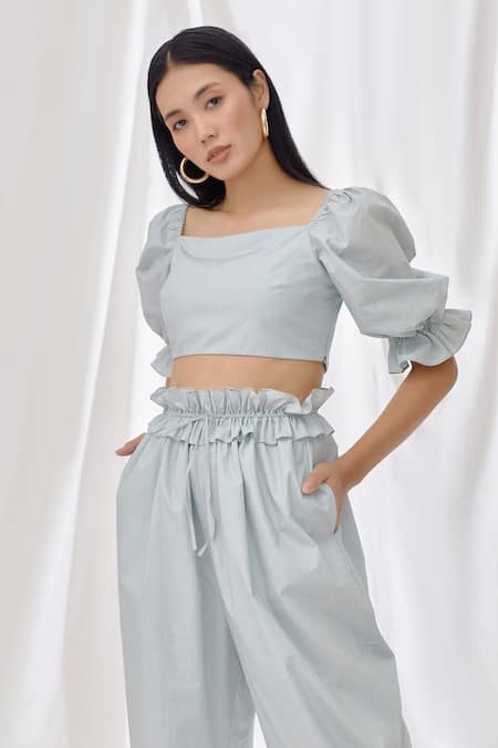 Buy Lavanya Ahuja Blue Poplin Square Neck Puff Sleeve Top And Pant Set Online at Aza Fashions Buy_Lavanya Ahuja_Blue Poplin Square Neck Puff Sleeve Top And Pant Set _Online_at_Aza_Fashions