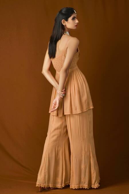 Shop_Label Aishwaryrika_Gold Georgette Resham And Amber Chikankari Flared Kurta _at_Aza_Fashions