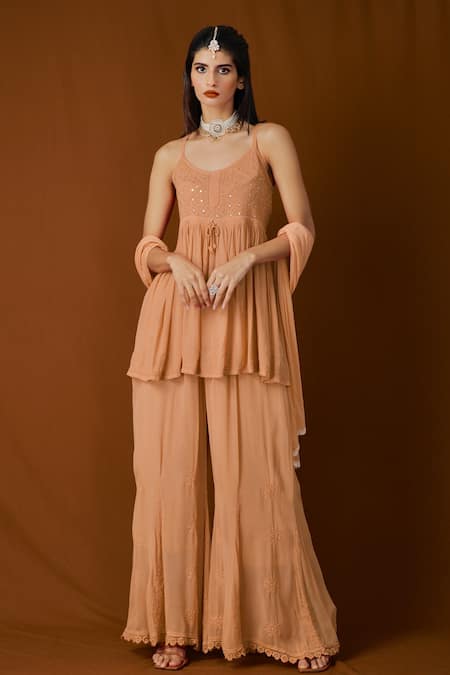 Label Aishwaryrika_Gold Georgette Resham And Amber Chikankari Flared Kurta _Online_at_Aza_Fashions