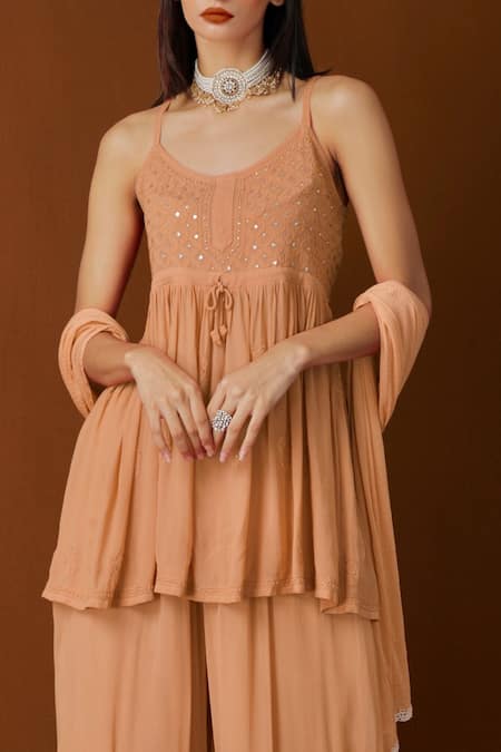 Buy_Label Aishwaryrika_Gold Georgette Resham And Amber Chikankari Flared Kurta _Online_at_Aza_Fashions
