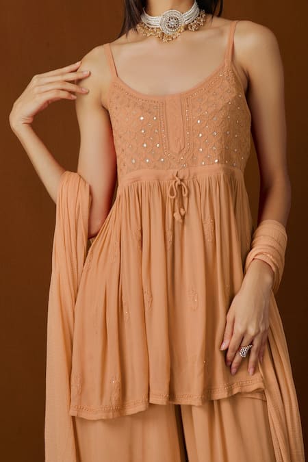 Shop_Label Aishwaryrika_Gold Georgette Resham And Amber Chikankari Flared Kurta _Online_at_Aza_Fashions