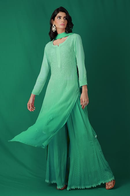 LABEL AISHWARYRIKA Glass Ombre Chikankari Kurta & Sharara Set 