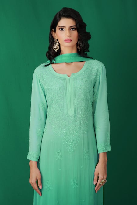 LABEL AISHWARYRIKA Green Glass Ombre Chikankari Kurta And Sharara Set Online at Aza Fashions LABEL AISHWARYRIKA_Green Glass Ombre Chikankari Kurta And Sharara Set _Online_at_Aza_Fashions