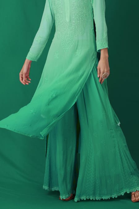 Shop LABEL AISHWARYRIKA Green Glass Ombre Chikankari Kurta And Sharara Set Online at Aza Fashions Shop_LABEL AISHWARYRIKA_Green Glass Ombre Chikankari Kurta And Sharara Set _Online_at_Aza_Fashions