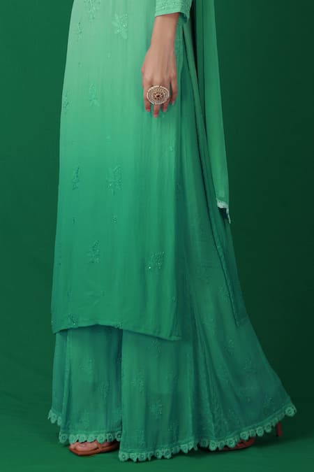 LABEL AISHWARYRIKA Green Glass Ombre Chikankari Kurta And Sharara Set at Aza Fashions LABEL AISHWARYRIKA_Green Glass Ombre Chikankari Kurta And Sharara Set _at_Aza_Fashions