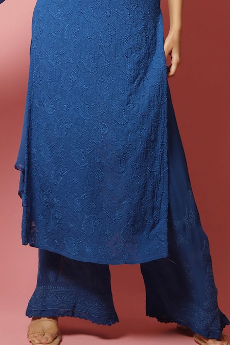Shop_LABEL AISHWARYRIKA_Blue Georgette Resham Embroidery Chikankari Long Kurta And Palazzo Pant Set _Online_at_Aza_Fashions