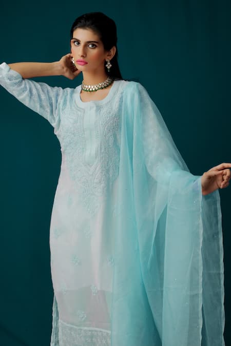 LABEL AISHWARYRIKA Blue Georgette Resham Embroidery And Mukaish Notched Aztec Chikankari Kurta 