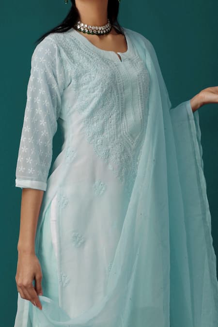 Buy_LABEL AISHWARYRIKA_Blue Georgette Resham Embroidery And Mukaish Notched Aztec Chikankari Kurta Set _Online_at_Aza_Fashions