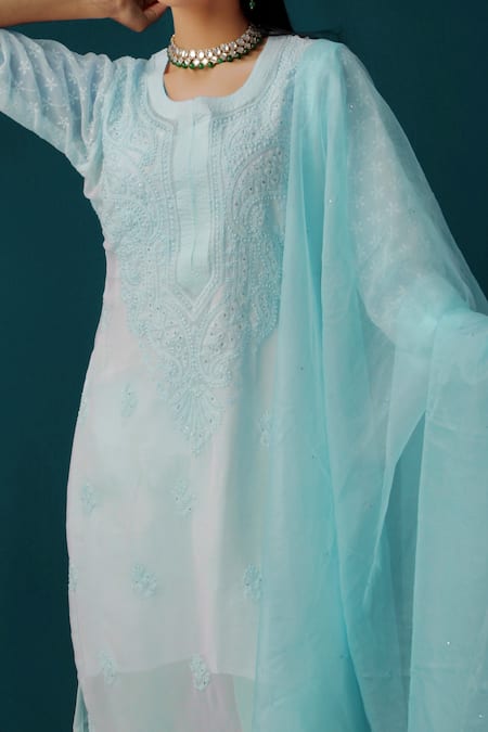 Shop_LABEL AISHWARYRIKA_Blue Georgette Resham Embroidery And Mukaish Notched Aztec Chikankari Kurta Set _Online_at_Aza_Fashions