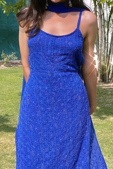 Buy_LABEL AISHWARYRIKA_Blue Georgette Resham Embroidery Round Chikankari Strappy Kurta _Online_at_Aza_Fashions
