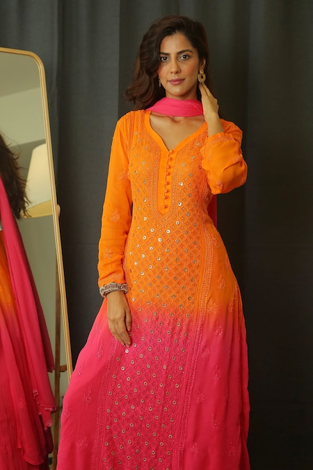 Shop LABEL AISHWARYRIKA Orange Blazing Fire Chikankari Kurta And Palazzo Pant Set at Aza Fashions Shop_LABEL AISHWARYRIKA_Orange Blazing Fire Chikankari Kurta And Palazzo Pant Set _at_Aza_Fashions