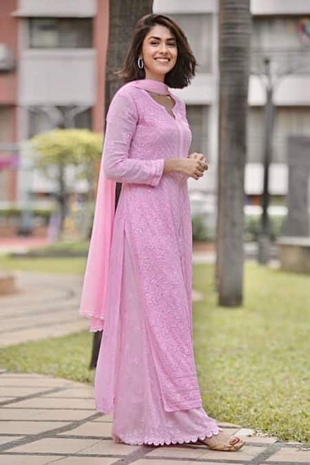 Buy Pink Georgette Resham And Blossom Chikankari Kurta For Women