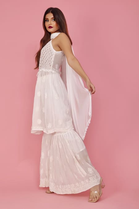 LABEL AISHWARYRIKA_White Georgette Resham Embroidery And Mukaish Mehr Chikankari Kurta & Sharara Set _Online_at_Aza_Fashions