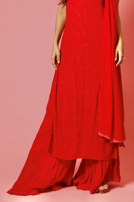Buy_LABEL AISHWARYRIKA_Red Georgette Resham Embroidery Round Jolly Chikankari Kurta And Palazzo Pant Set _Online_at_Aza_Fashions