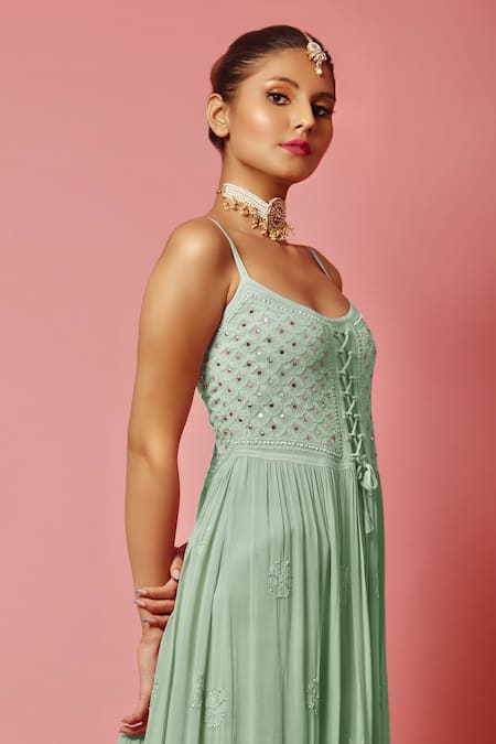 LABEL AISHWARYRIKA_Green Georgette Resham Embroidery And Mukaish Round Chikankari Anarkali Kurta _Online_at_Aza_Fashions