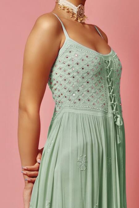 Buy_LABEL AISHWARYRIKA_Green Georgette Resham Embroidery And Mukaish Round Chikankari Anarkali Kurta _Online_at_Aza_Fashions