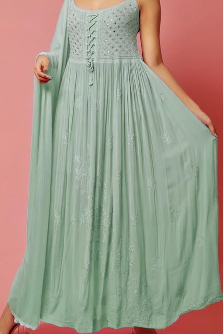 Shop_LABEL AISHWARYRIKA_Green Georgette Resham Embroidery And Mukaish Round Chikankari Anarkali Kurta _Online_at_Aza_Fashions