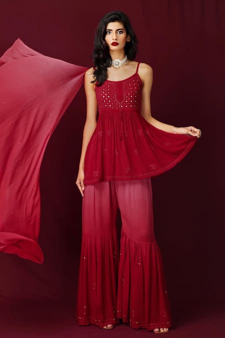 LABEL AISHWARYRIKA_Red Georgette Resham Embroidery And Mukaish Round Chilli Pepper Chikankari Kurta _Online_at_Aza_Fashions