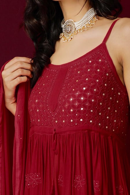 Shop_LABEL AISHWARYRIKA_Red Georgette Resham Embroidery And Mukaish Round Chilli Pepper Chikankari Kurta _Online_at_Aza_Fashions