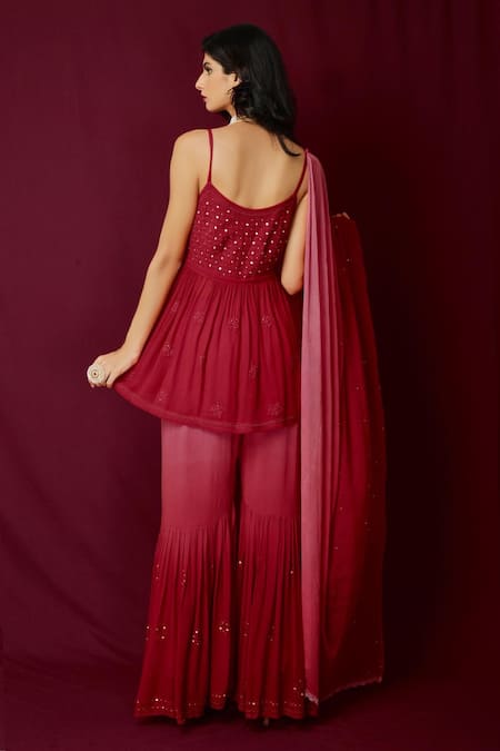 Shop LABEL AISHWARYRIKA Red Georgette Resham Embroidery And Chilli Pepper Chikankari Kurta & Sharara Set at Aza Fashions Shop_LABEL AISHWARYRIKA_Red Georgette Resham Embroidery And Chilli Pepper Chikankari Kurta & Sharara Set _at_Aza_Fashions