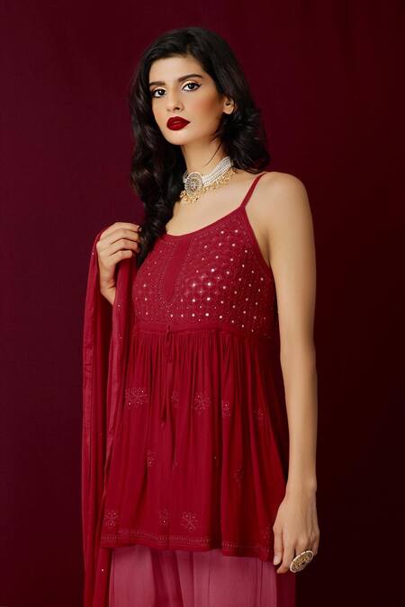 LABEL AISHWARYRIKA Red Georgette Resham Embroidery And Chilli Pepper Chikankari Kurta & Sharara Set Online at Aza Fashions LABEL AISHWARYRIKA_Red Georgette Resham Embroidery And Chilli Pepper Chikankari Kurta & Sharara Set _Online_at_Aza_Fashions