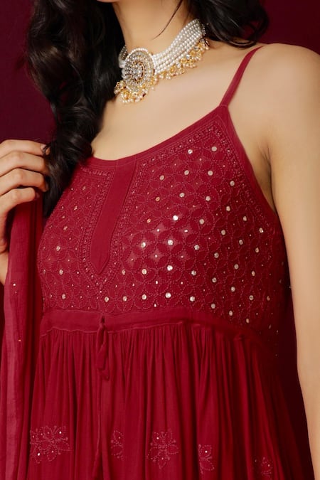 Shop LABEL AISHWARYRIKA Red Georgette Resham Embroidery And Chilli Pepper Chikankari Kurta & Sharara Set Online at Aza Fashions Shop_LABEL AISHWARYRIKA_Red Georgette Resham Embroidery And Chilli Pepper Chikankari Kurta & Sharara Set _Online_at_Aza_Fashions