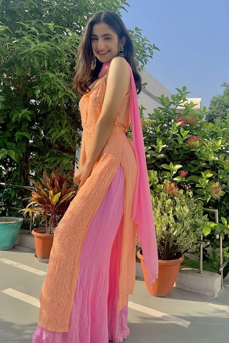 Shop_LABEL AISHWARYRIKA_Pink Georgette Resham Embroidery Chikankari Strappy Kurta And Palazzo Pant Set _Online_at_Aza_Fashions