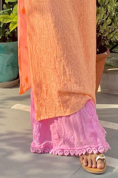 LABEL AISHWARYRIKA_Pink Georgette Resham Embroidery Chikankari Strappy Kurta And Palazzo Pant Set _at_Aza_Fashions