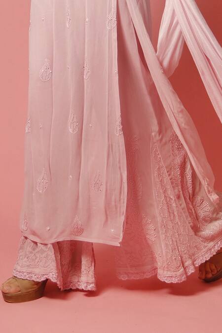 Buy_LABEL AISHWARYRIKA_Pink Georgette Resham Embroidery And Mukaish Ombre Chikankari Kurta & Sharara Set _Online_at_Aza_Fashions