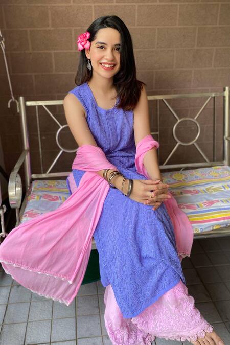 LABEL AISHWARYRIKA_Blue Georgette Resham Embroidery Round Cotton Candy Chikankari Kurta Sharara Set _Online_at_Aza_Fashions