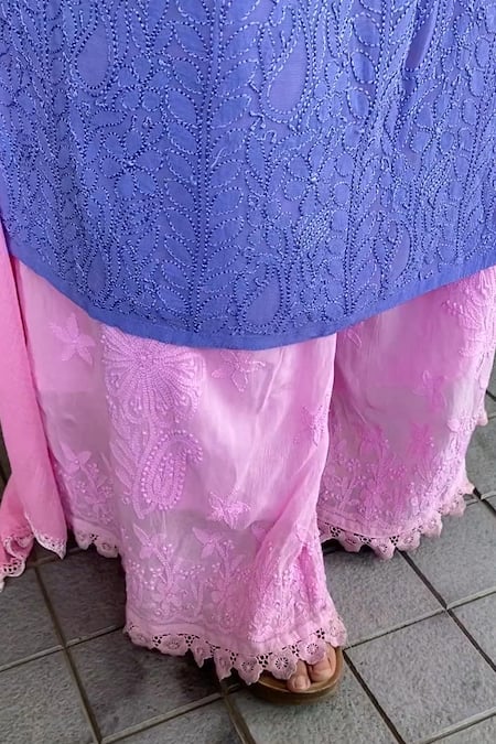 Buy_LABEL AISHWARYRIKA_Blue Georgette Resham Embroidery Round Cotton Candy Chikankari Kurta Sharara Set _Online_at_Aza_Fashions