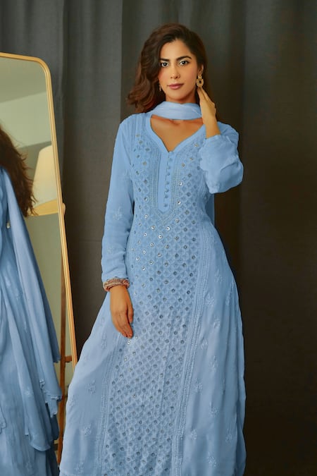 LABEL AISHWARYRIKA Georgette Chikankari Kurta Palazzo Set 