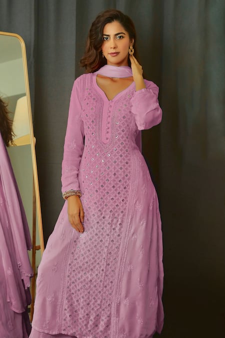 LABEL AISHWARYRIKA Georgette Chikankari Kurta Palazzo Set 