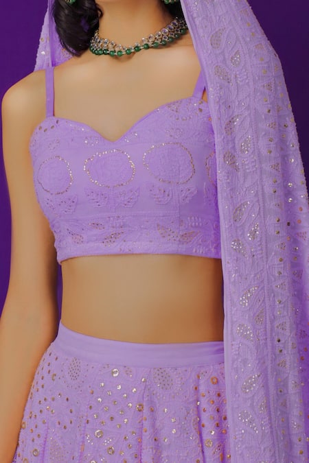 LABEL AISHWARYRIKA_Purple Georgette Chikankari, Mukaish Sweetheart Neck Bridal Lehenga Set _Online_at_Aza_Fashions