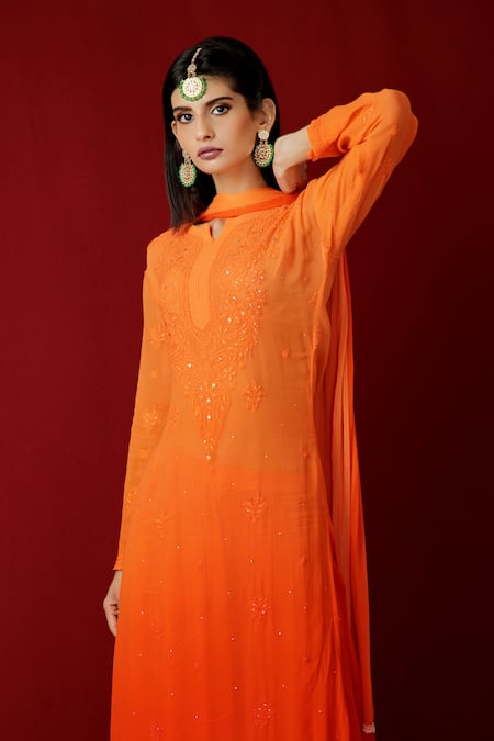 LABEL AISHWARYRIKA Orange Georgette Hand Embroidery Mukaish Notched Chikankari Kurta 