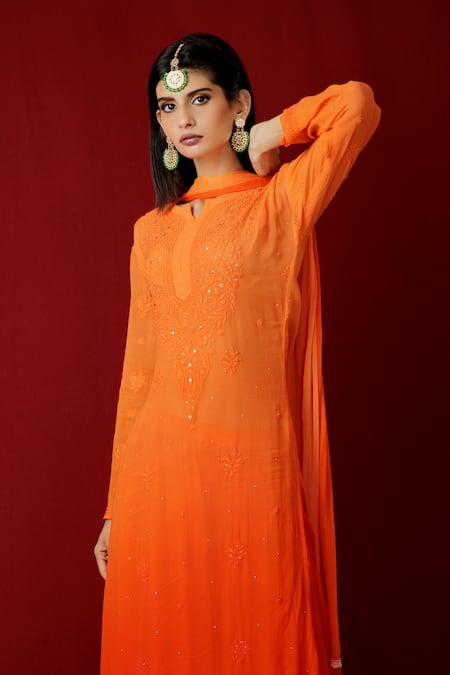 LABEL AISHWARYRIKA_Orange Georgette Chikankari, Mukaish Notched Kurta Sharara Set _Online_at_Aza_Fashions