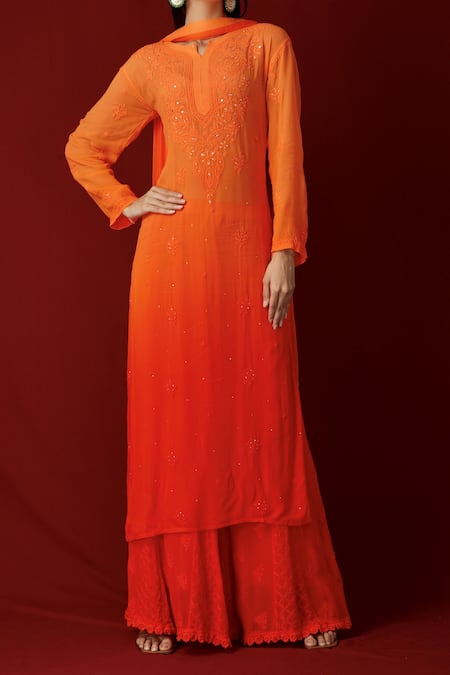 Shop_LABEL AISHWARYRIKA_Orange Georgette Chikankari, Mukaish Notched Kurta Sharara Set _Online_at_Aza_Fashions