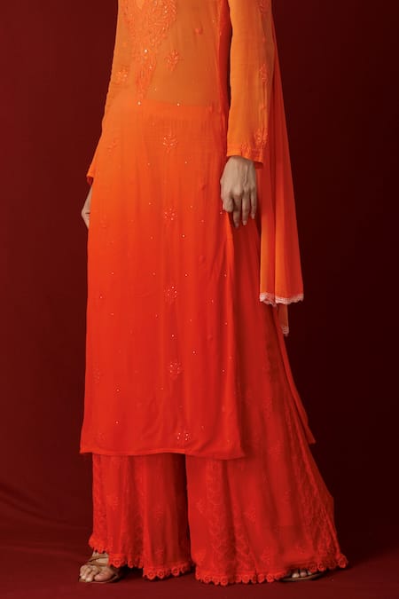 LABEL AISHWARYRIKA_Orange Georgette Chikankari, Mukaish Notched Kurta Sharara Set _at_Aza_Fashions
