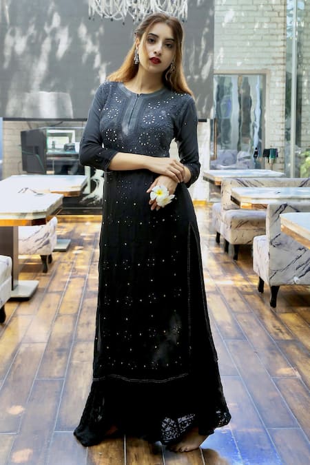 LABEL AISHWARYRIKA Black Georgette Hand Embroidery Mukaish Round Chikankari Kurta