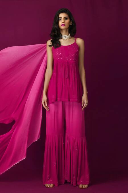 LABEL AISHWARYRIKA Pink Georgette Chikankari, Mukaish Scoop Neck Short Kurta Online at Aza Fashions LABEL AISHWARYRIKA_Pink Georgette Chikankari, Mukaish Scoop Neck Short Kurta _Online_at_Aza_Fashions