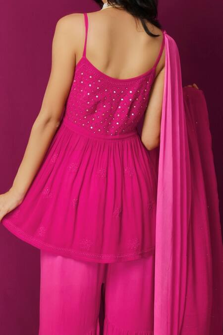 Shop LABEL AISHWARYRIKA Pink Georgette Chikankari, Mukaish Scoop Neck Short Kurta Online at Aza Fashions Shop_LABEL AISHWARYRIKA_Pink Georgette Chikankari, Mukaish Scoop Neck Short Kurta _Online_at_Aza_Fashions