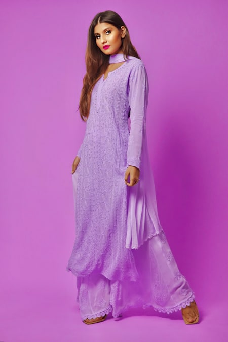 LABEL AISHWARYRIKA Georgette Chikankari Kurta Sharara Set 